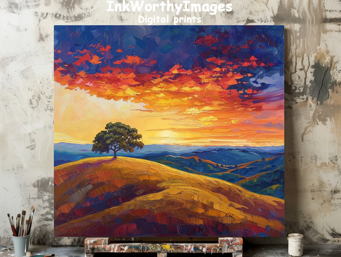 Vibrant Sunset Landscape, Colorful Tree Hill