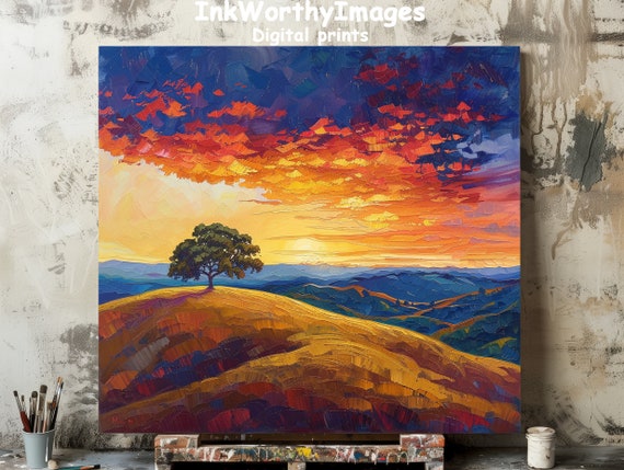 Vibrant Sunset Landscape, Colorful Tree Hill