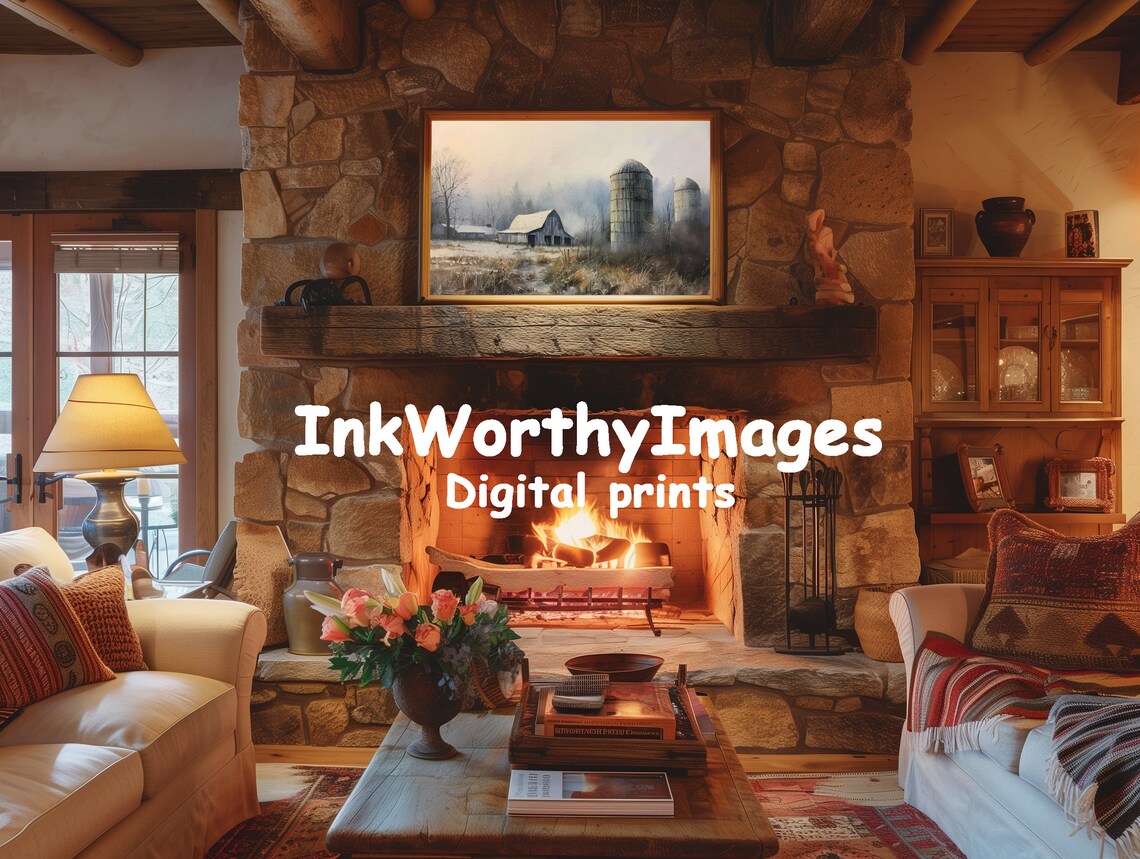 Winter Farm Scene, Rustic Barn And Silos In Fog - Image 3