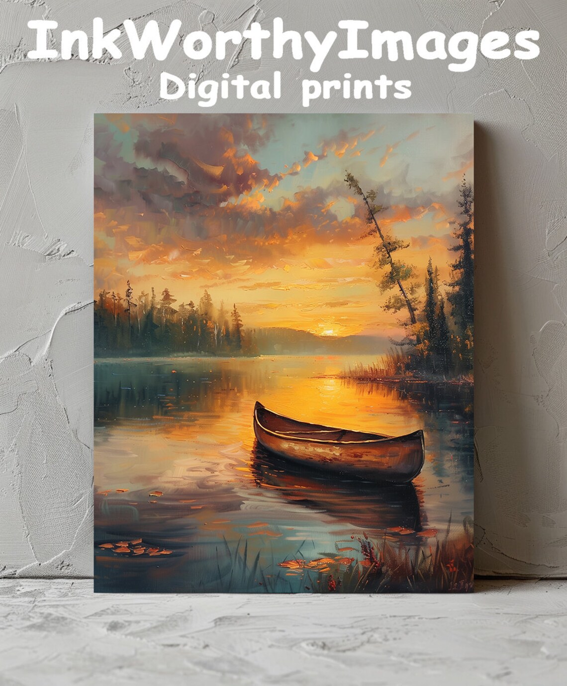 Sunset Canoe On Lake, Tranquil Nature Scene