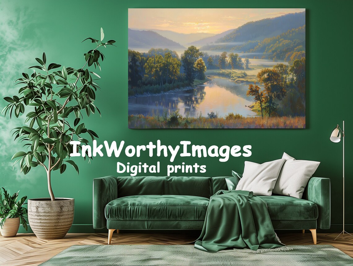 Sunset River Valley Painting, Scenic Landscape Art - Image 2