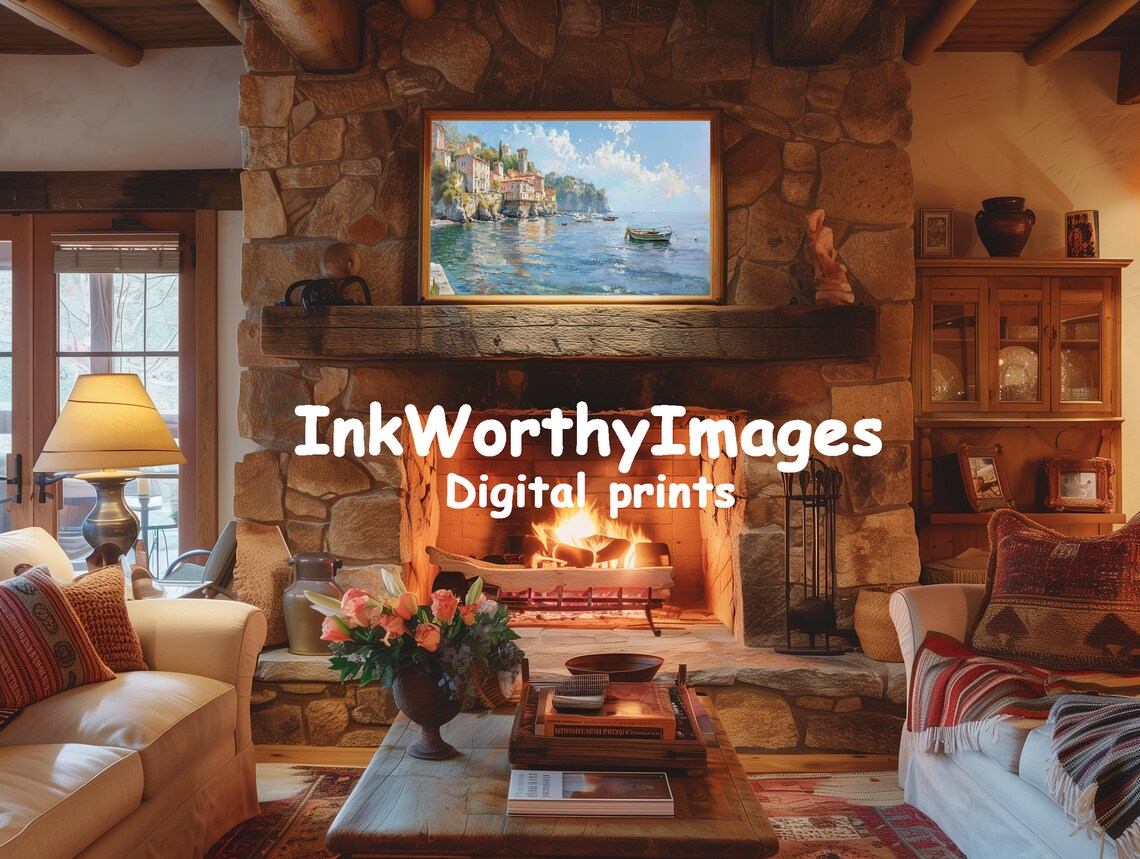 Mediterranean Coastal Village, Serene Harbor View Art Print - Image 3