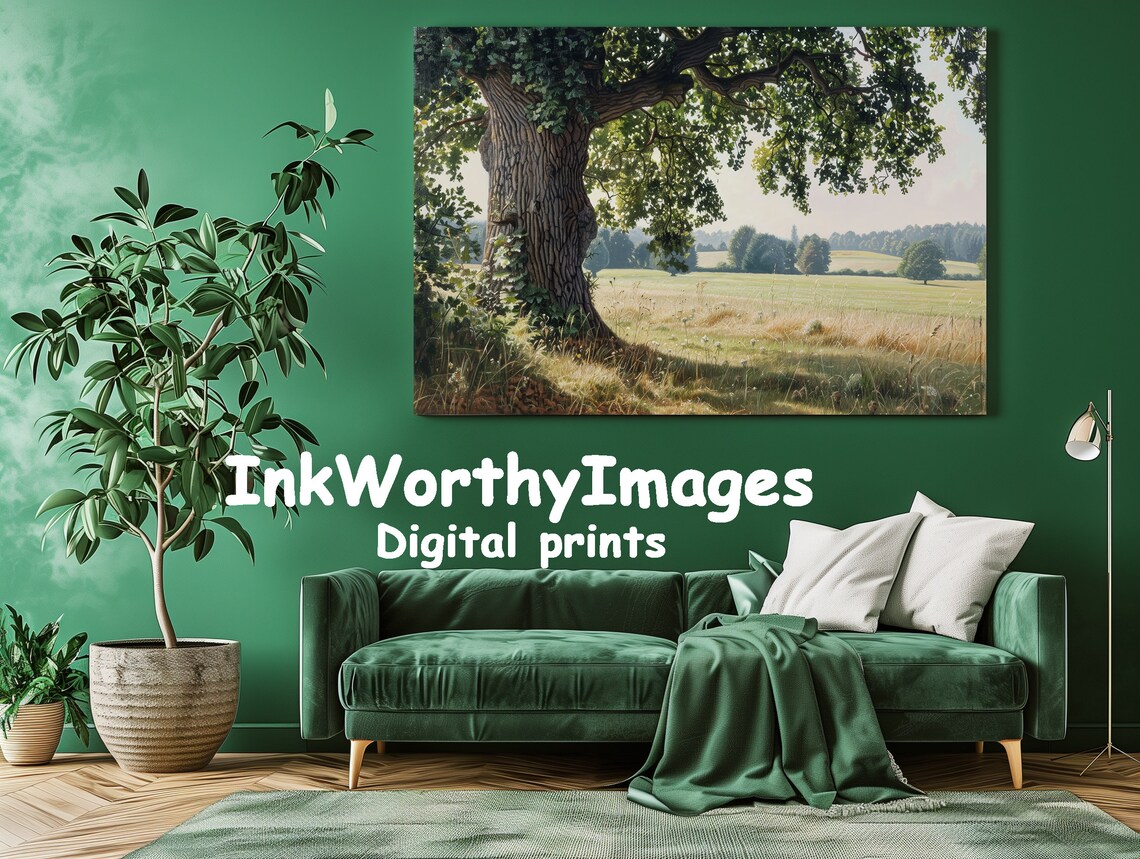 Serene Oak Tree in Sunlit Field, Nature Landscape - Image 3