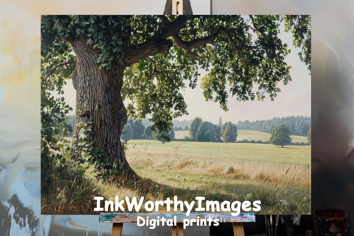 Serene Oak Tree in Sunlit Field, Nature Landscape