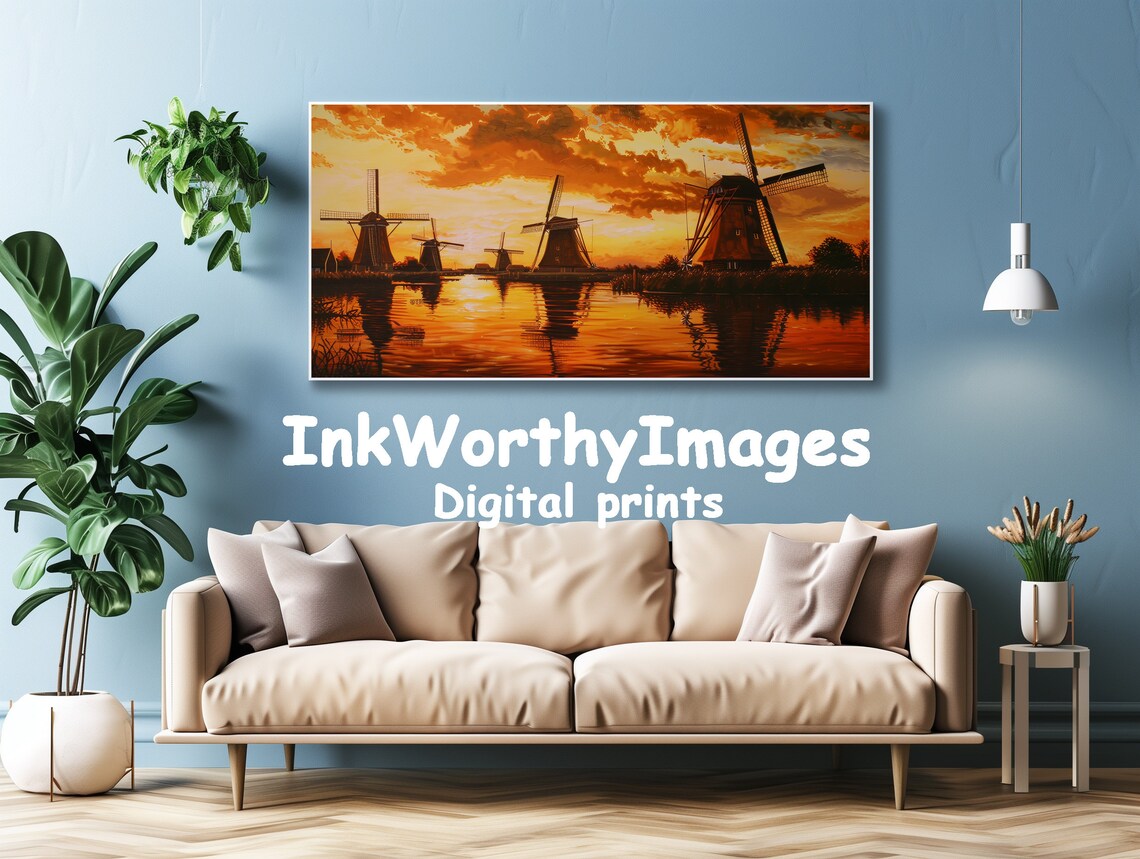 Golden Windmill Sunset, Dutch Windmills Landscape - Image 4