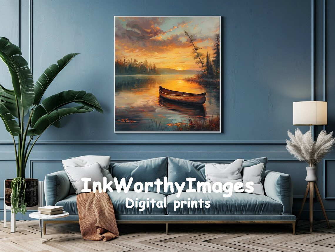Sunset Canoe On Lake, Tranquil Nature Scene - Image 2