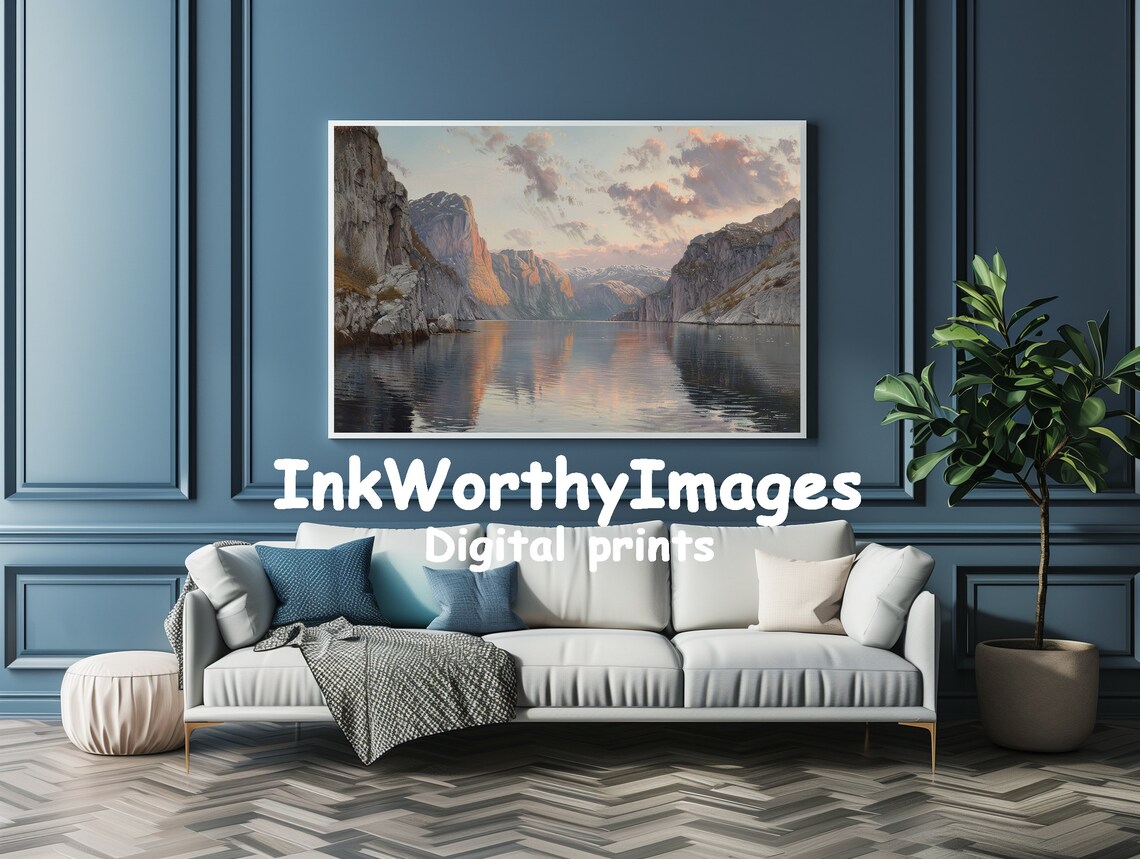 Sunset Fjord Landscape Painting, Realistic Mountain Lake - Image 4