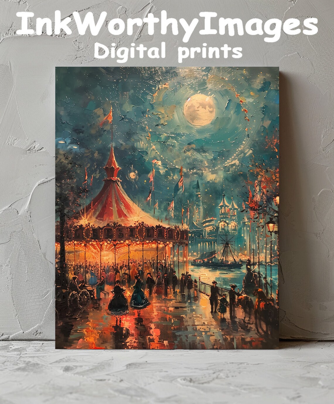 Magical Moonlit Carnival Scene, Vintage Fairground Art