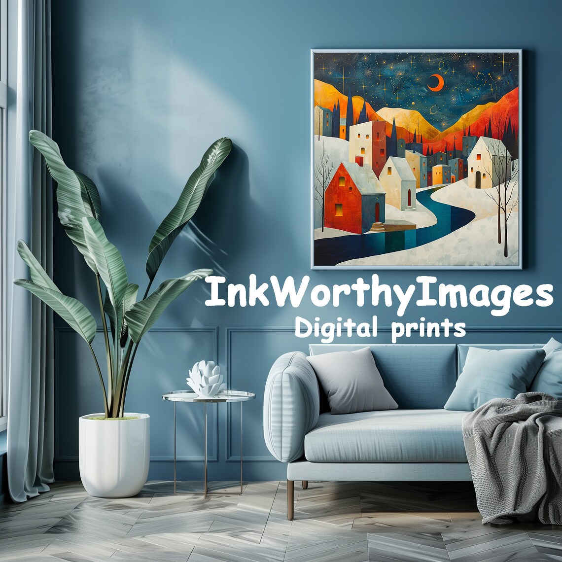 Starry Night Village, Whimsical Winter Townscape Art Print - Image 4