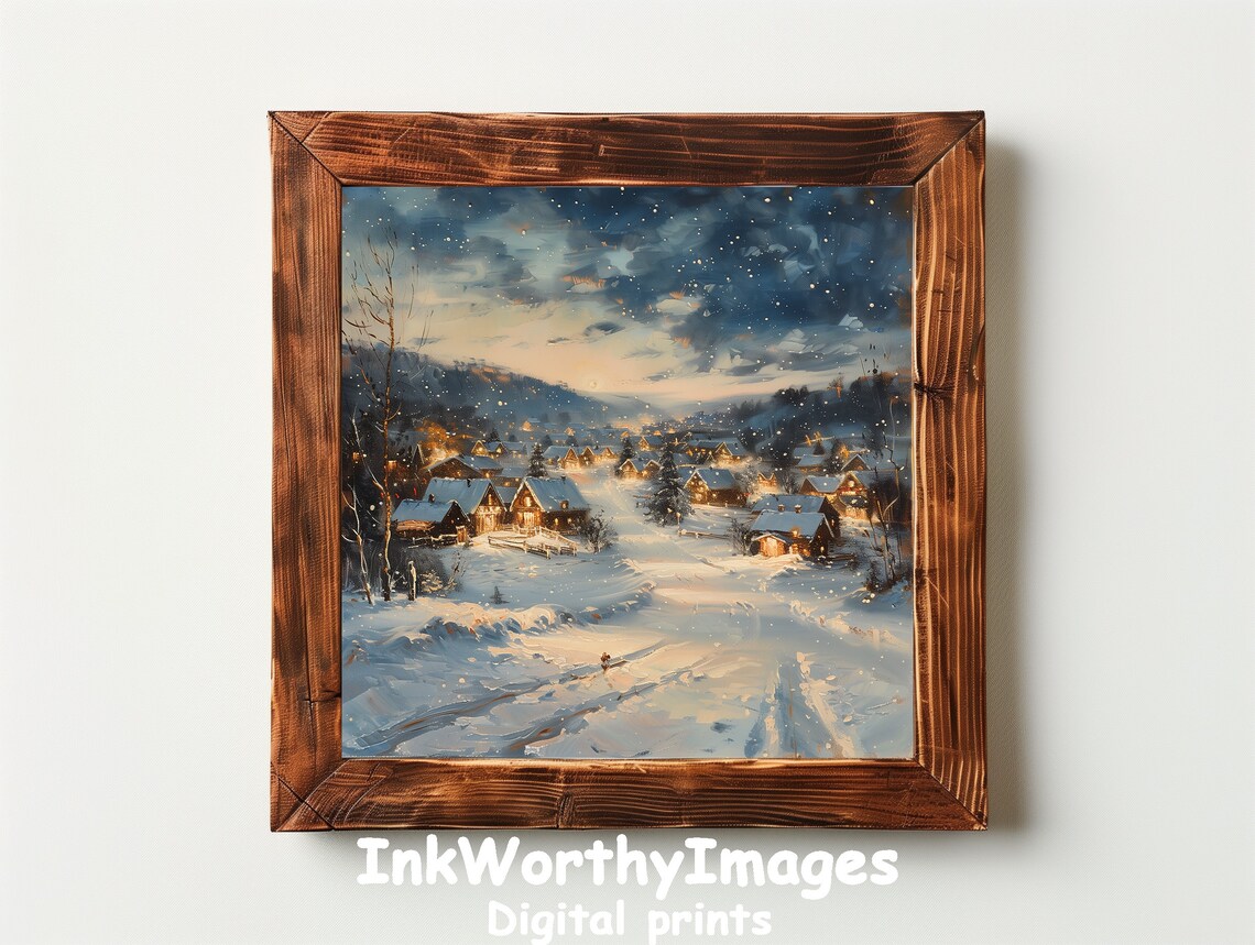 Winter Village Scene, Snowy Night Landscape - Image 3
