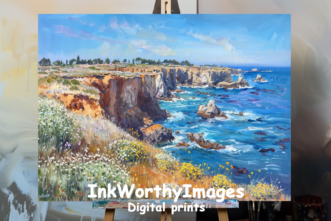 Majestic Coastal Cliffs Wildflowers Meadow Art Print