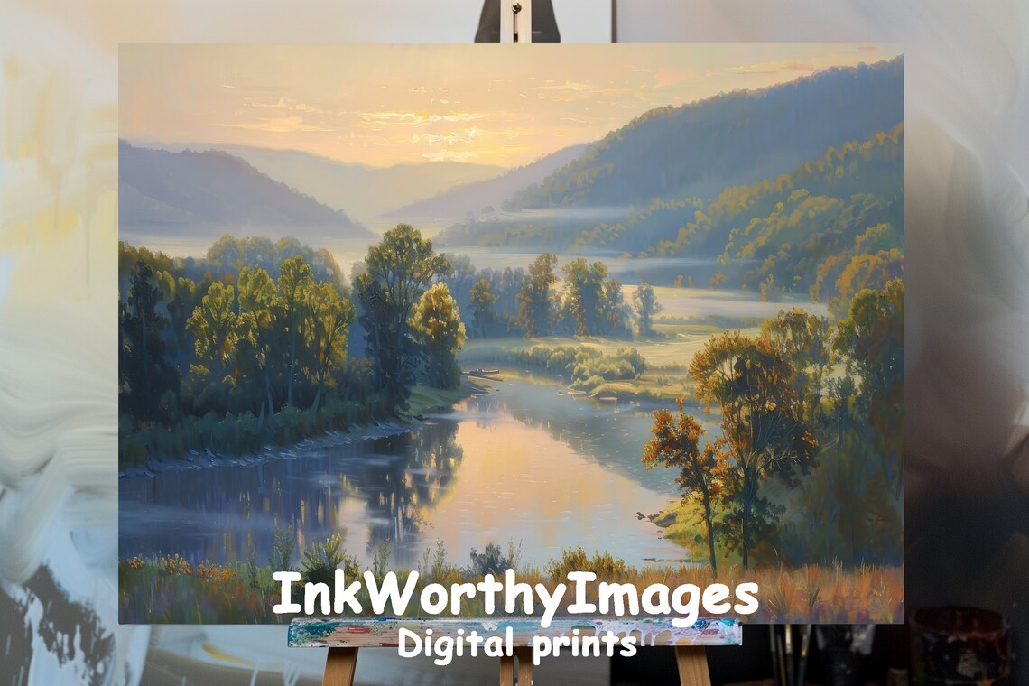 Sunset River Valley Painting, Scenic Landscape Art