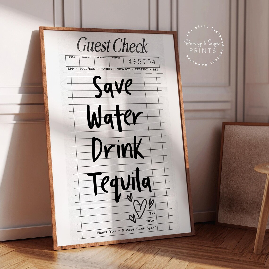 Save Water Drink Tequila Funny Guest Check Style Bar Quote Poster - Image 2