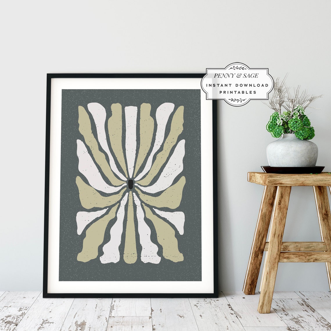 Sage Green Abstract Poster Radiating Petals Botanical Modern Decor