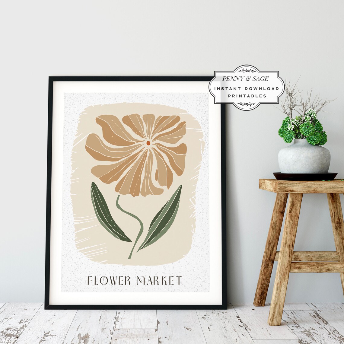 Flower Market Beige Bloom Green Leaves Neutral Botanical Art Poster