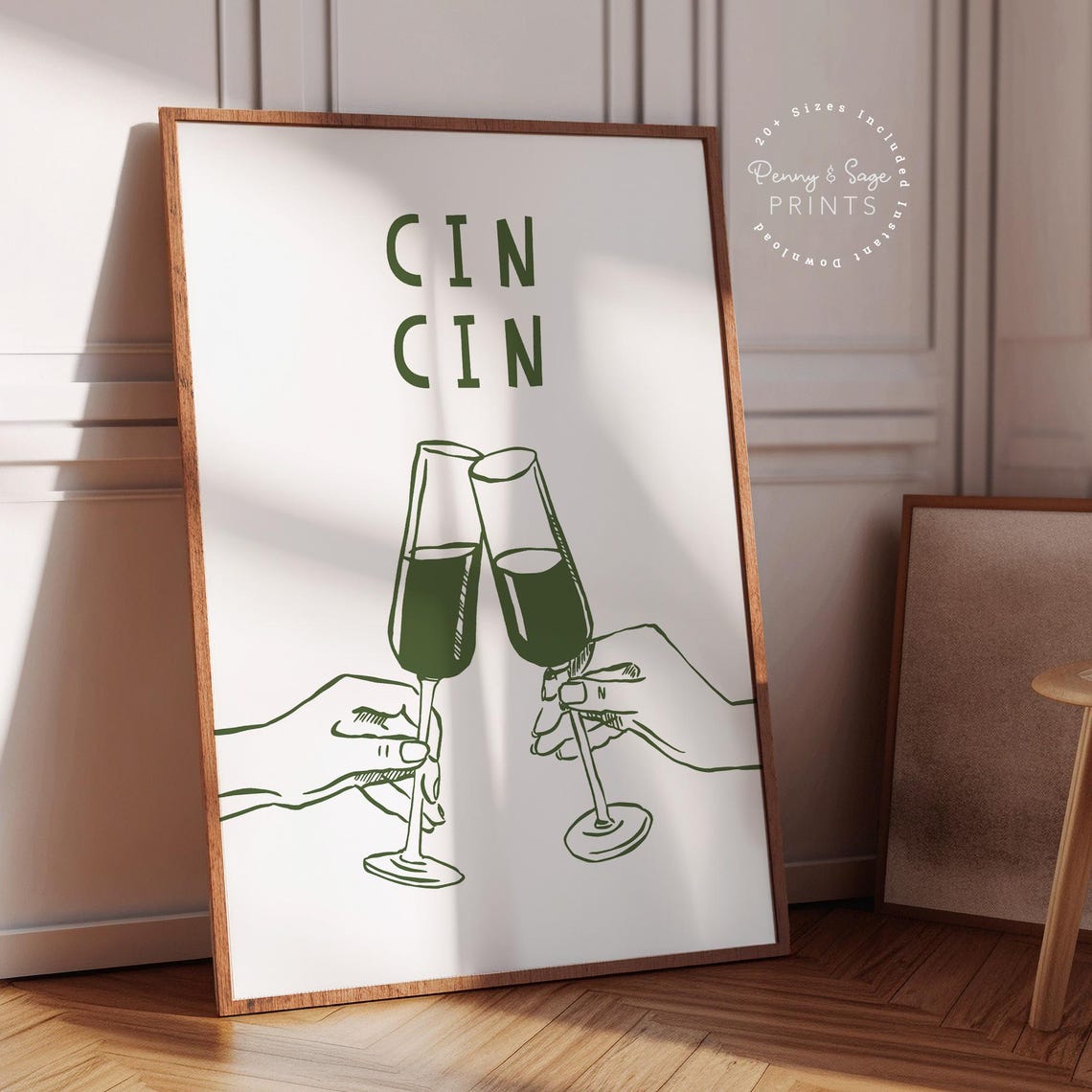 Cin Cin Champagne Flutes Green Line Toast Kitchen Bar Art Poster - Image 2