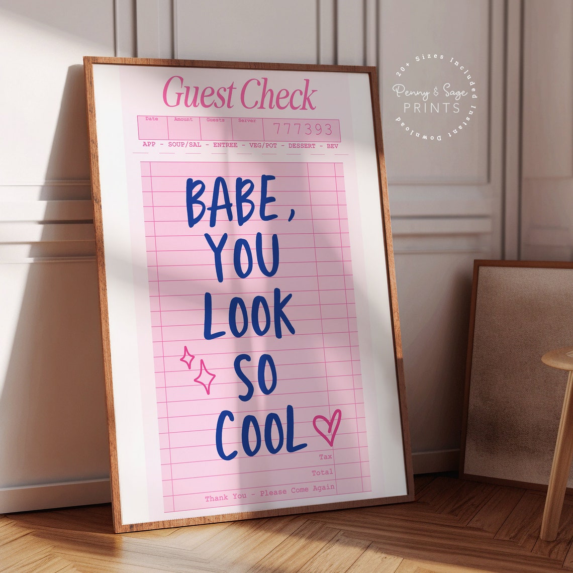 Babe You Look So Cool Pink Guest Check Trendy Retro Quote Poster - Image 2