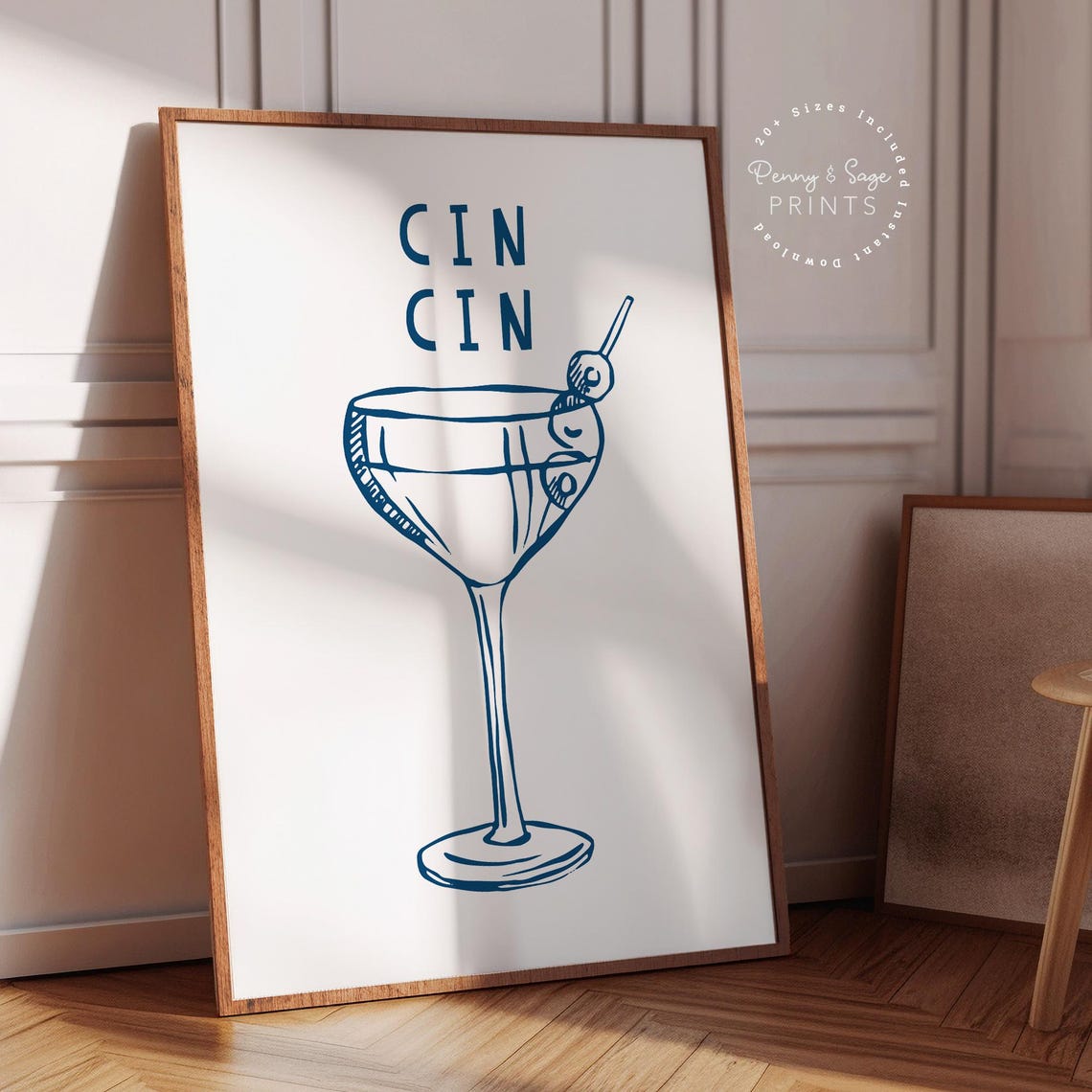 Cin Cin Blue Martini Glass Cocktail Line Drawing Bar Art Poster - Image 2