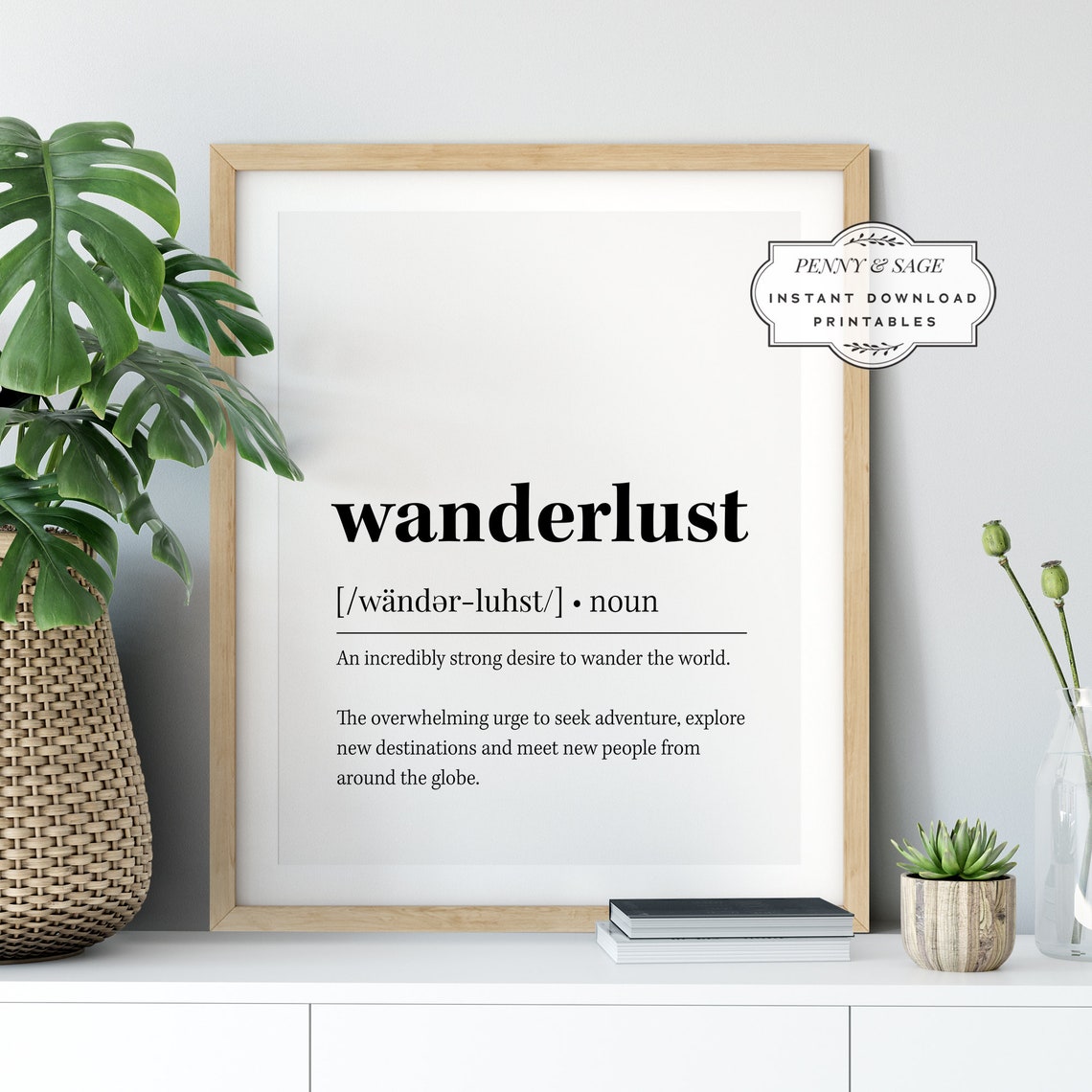 Wanderlust Definition Dictionary Style Black White Travel Art Poster