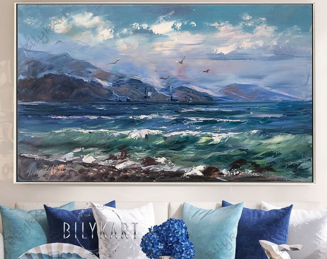 Morning Sea Oil Painting Art Print, Stormy Ocean Waves - Image 3