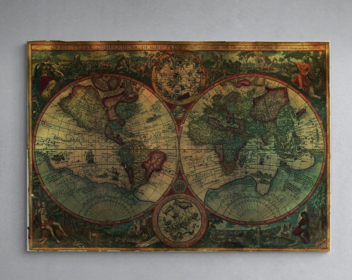 Vintage Double Hemisphere World Map Antique Cartography Wall Art Print - Image 3