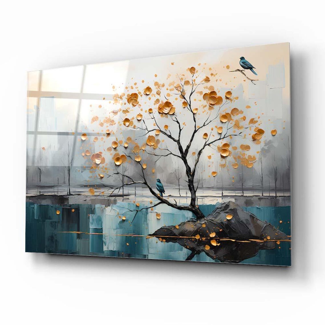 Golden Blossom Tree Birds Teal Waters Elegant Nature Art Poster - Image 2
