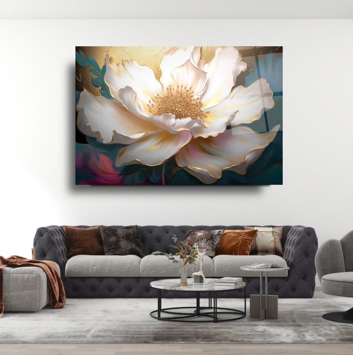 White And Gold Giant Flower Bloom Modern Floral Statement Poster