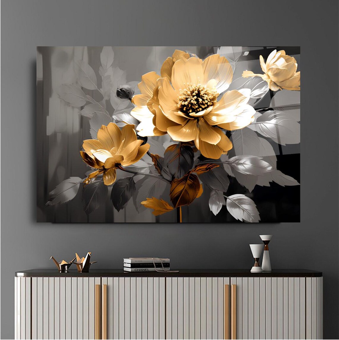 Golden Floral Elegance Wall Art Tempered Glass Print Modern Flower Wall Decor Luxury Glass Wall Art For Home And Office - Image 3