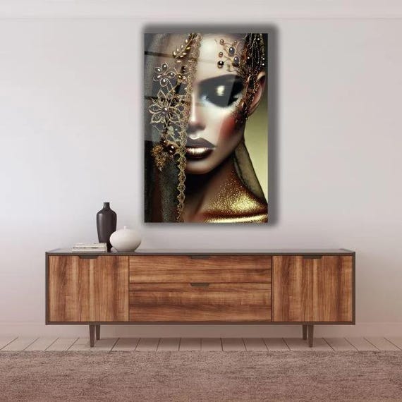 Ethereal Beauty Tempered Glass Wall Art Opulent Golden Adornments Luxurious Fashion Decor Elegant Feminine Wall Accent