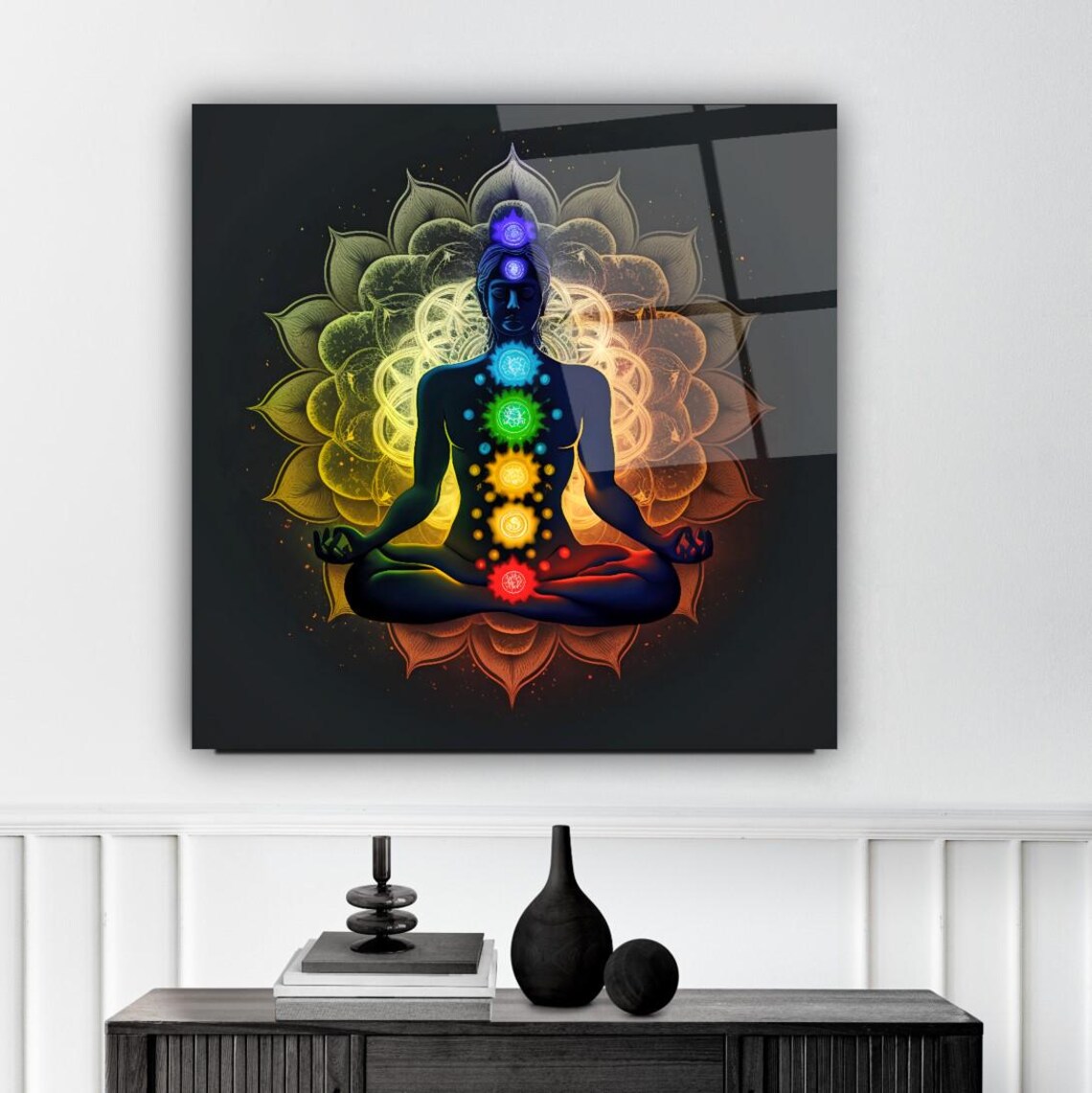 Chakra Meditation Silhouette with Lotus Flower Mandala Wall Art - Image 3
