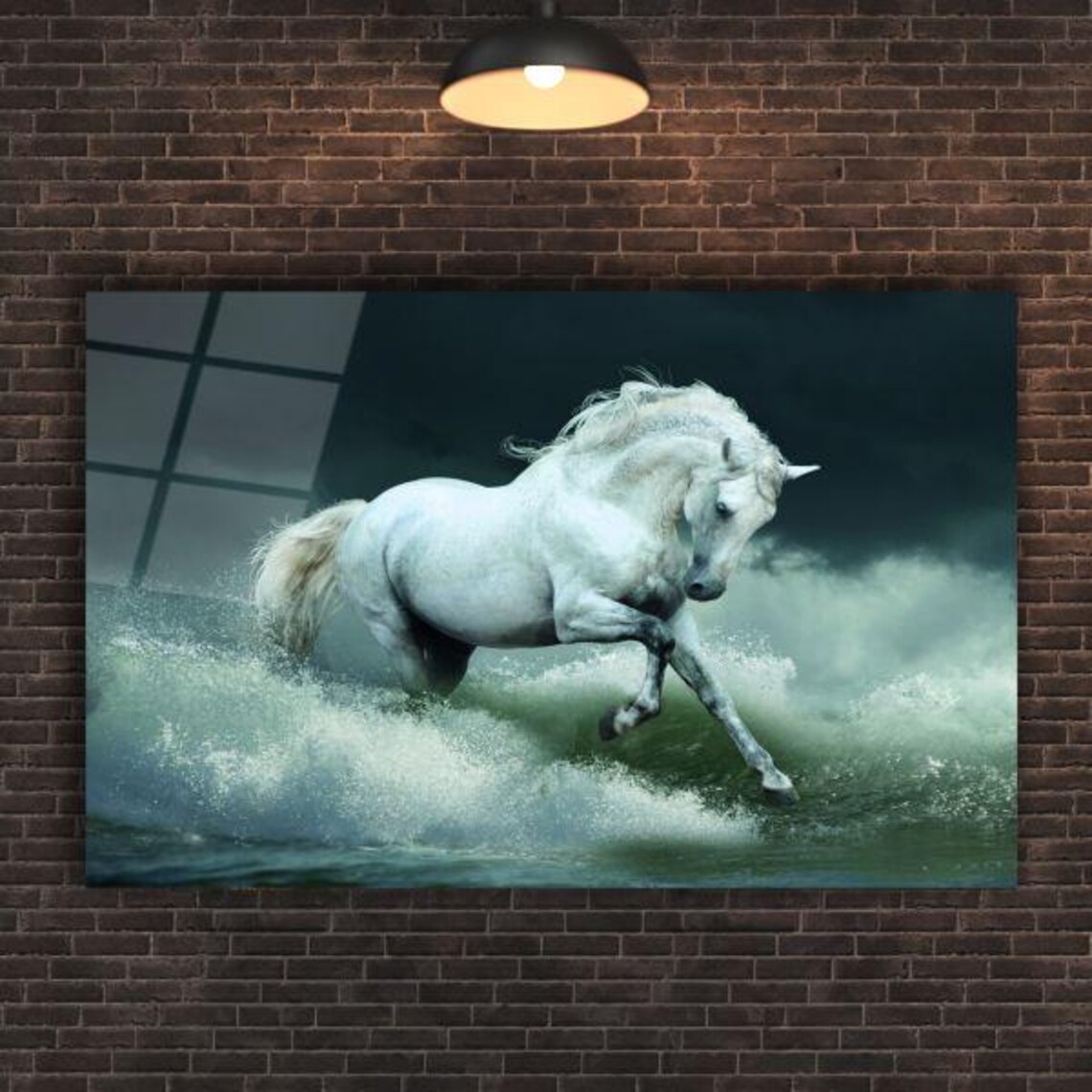 Majestic White Horse in Stormy Seas Dramatic Glass Art Poster - Image 2