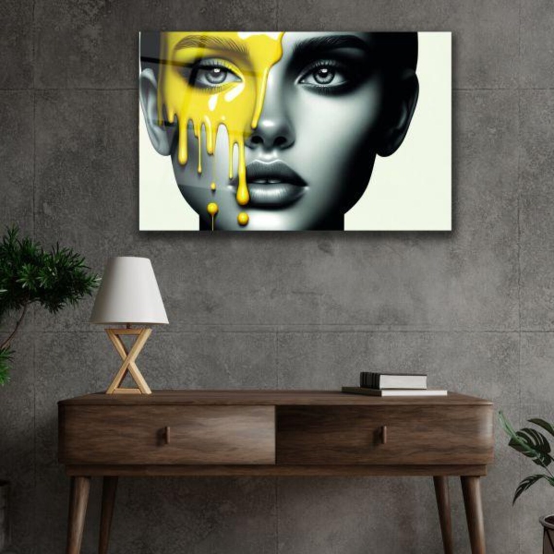 Monochrome Woman Face With Dripping Yellow Paint Surreal Glass Poster