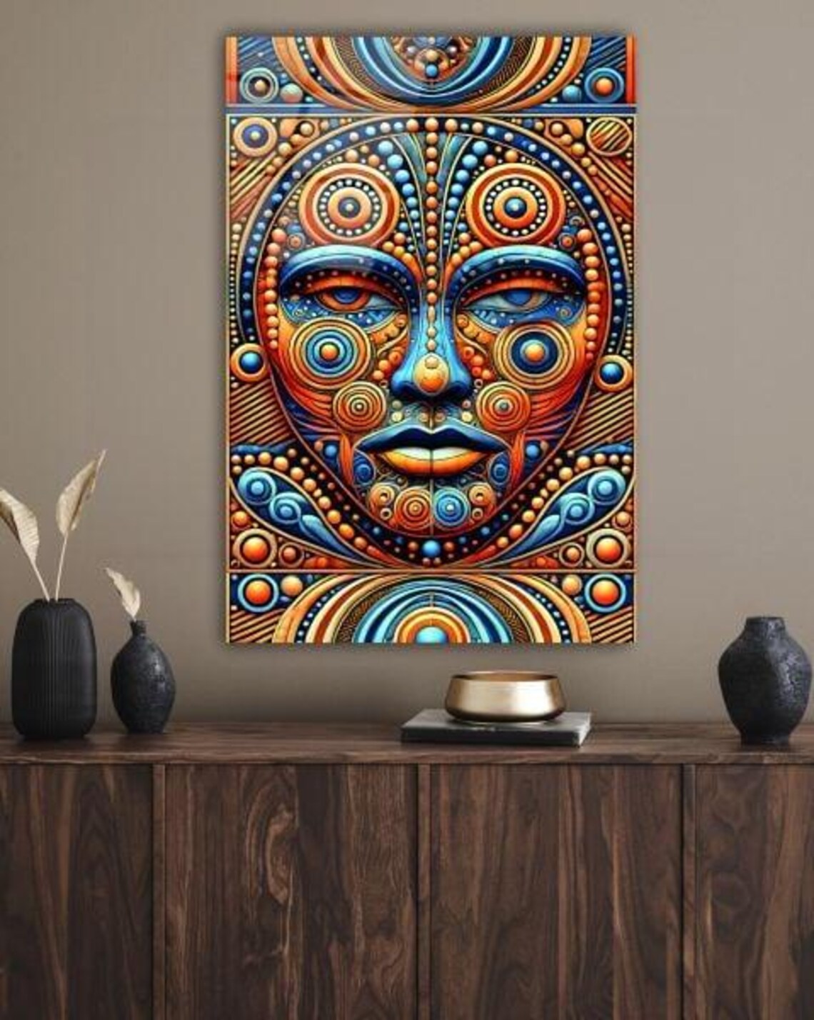 Tribal Face Colorful Ethnic Patterns Blue Orange Spiritual Art Poster - Image 2
