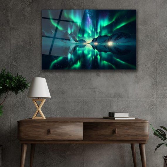 Arctic Aurora Tempered Glass Wall Art Northern Lights Reflection Mystical Mountain Landscape Enchanting Nature Decor