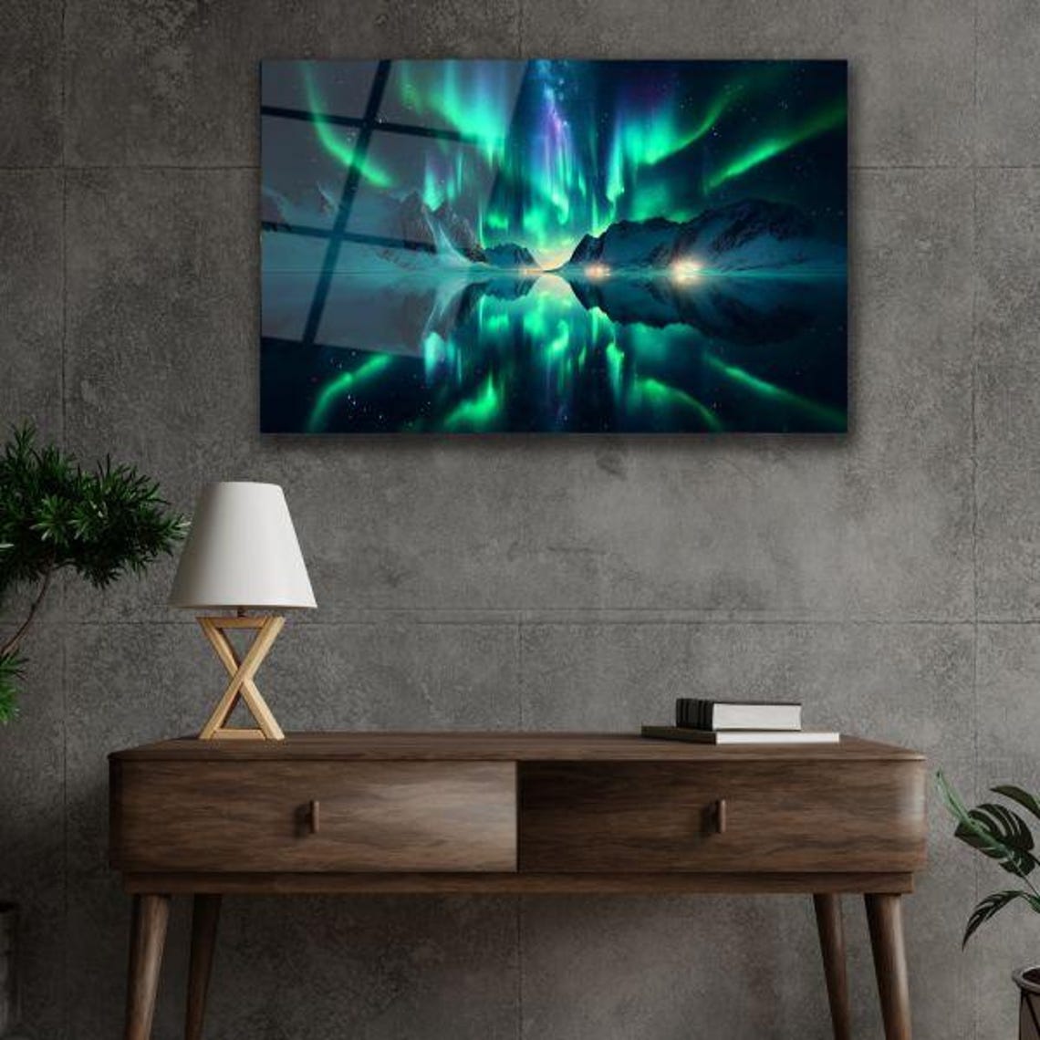 Arctic Aurora Tempered Glass Wall Art Northern Lights Reflection Mystical Mountain Landscape Enchanting Nature Decor