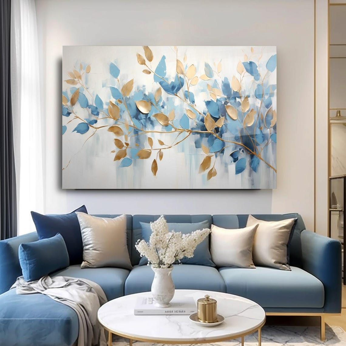 Blue And Gold Leaf Branches Abstract Elegant Botanical Poster