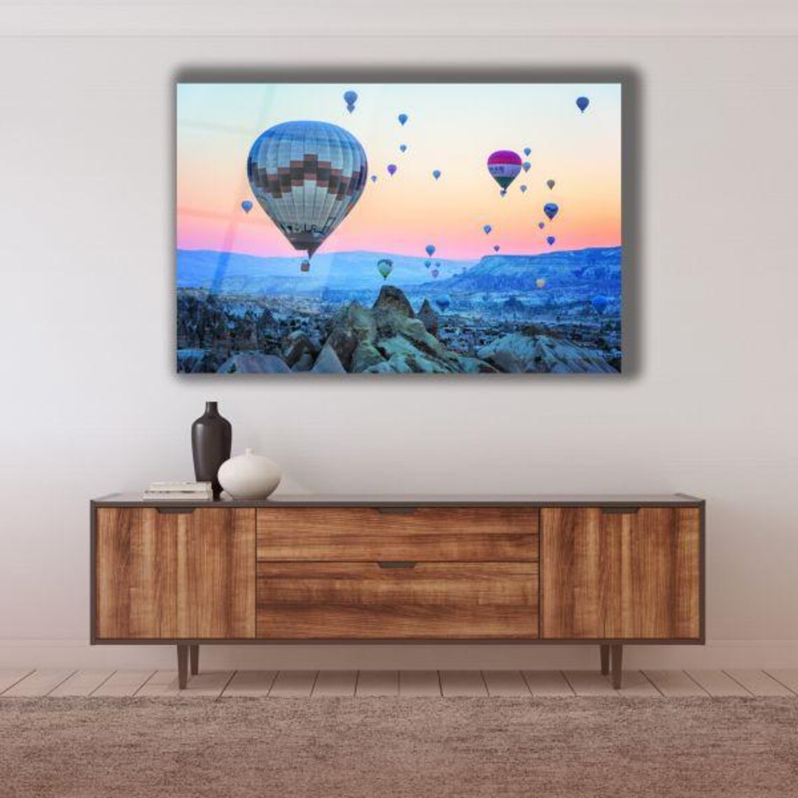 Hot Air Balloons Over Cappadocia Dawn Glass Landscape Art Poster