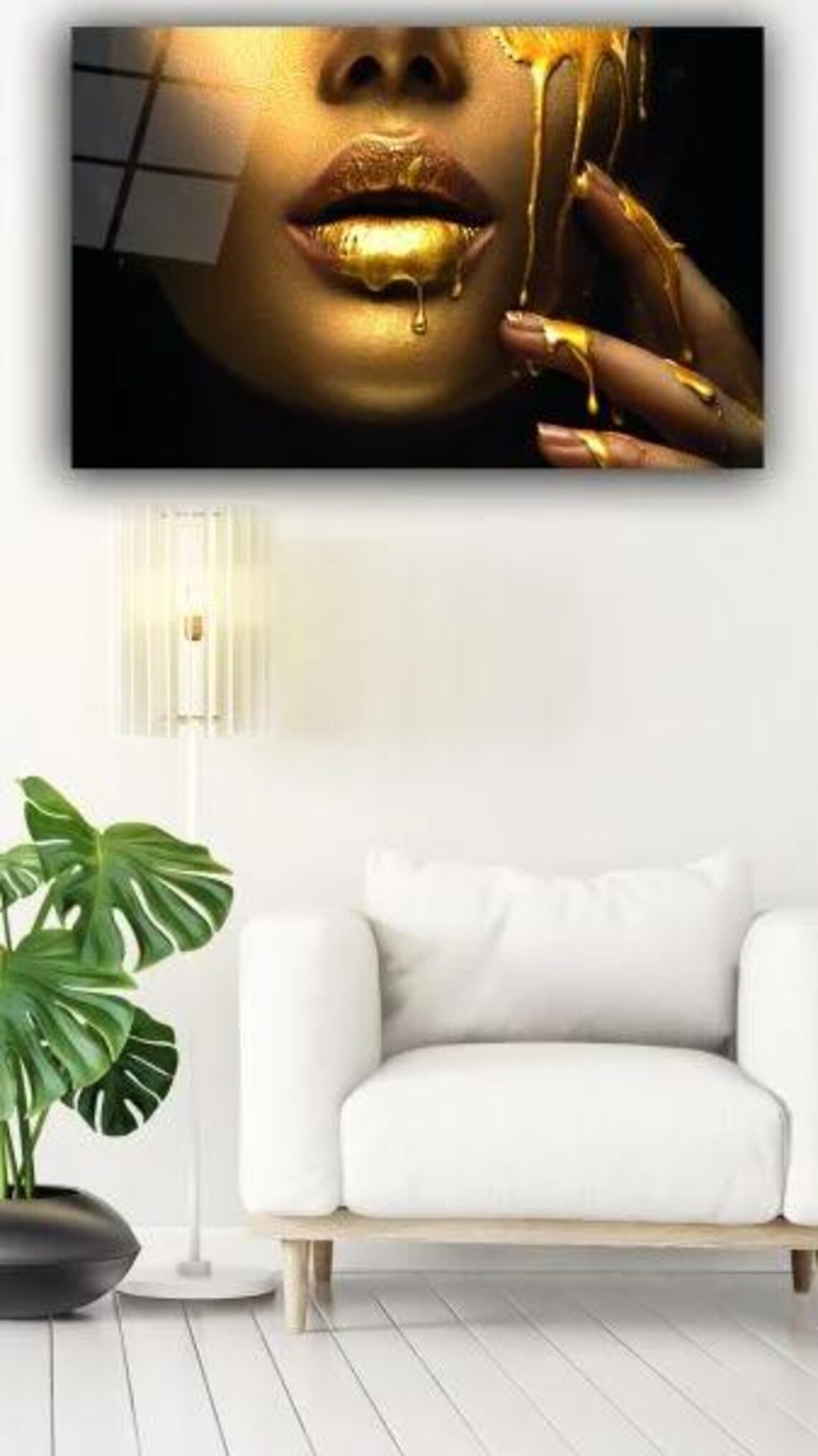 Woman With Dripping Golden Paint Lips Glamour Portrait Poster - Image 3