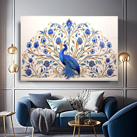 Elegant Peacock Portrait Wall Art Tempered Glass Print Modern Bird Wall Decor Luxury Glass Wall Art For Home And Office