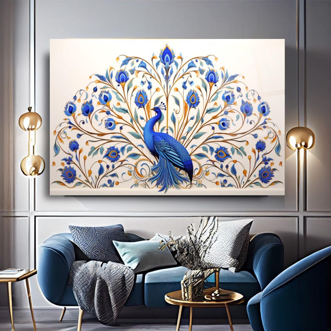 Elegant Blue Peacock with Ornate Floral Tail Feathers Wall Art