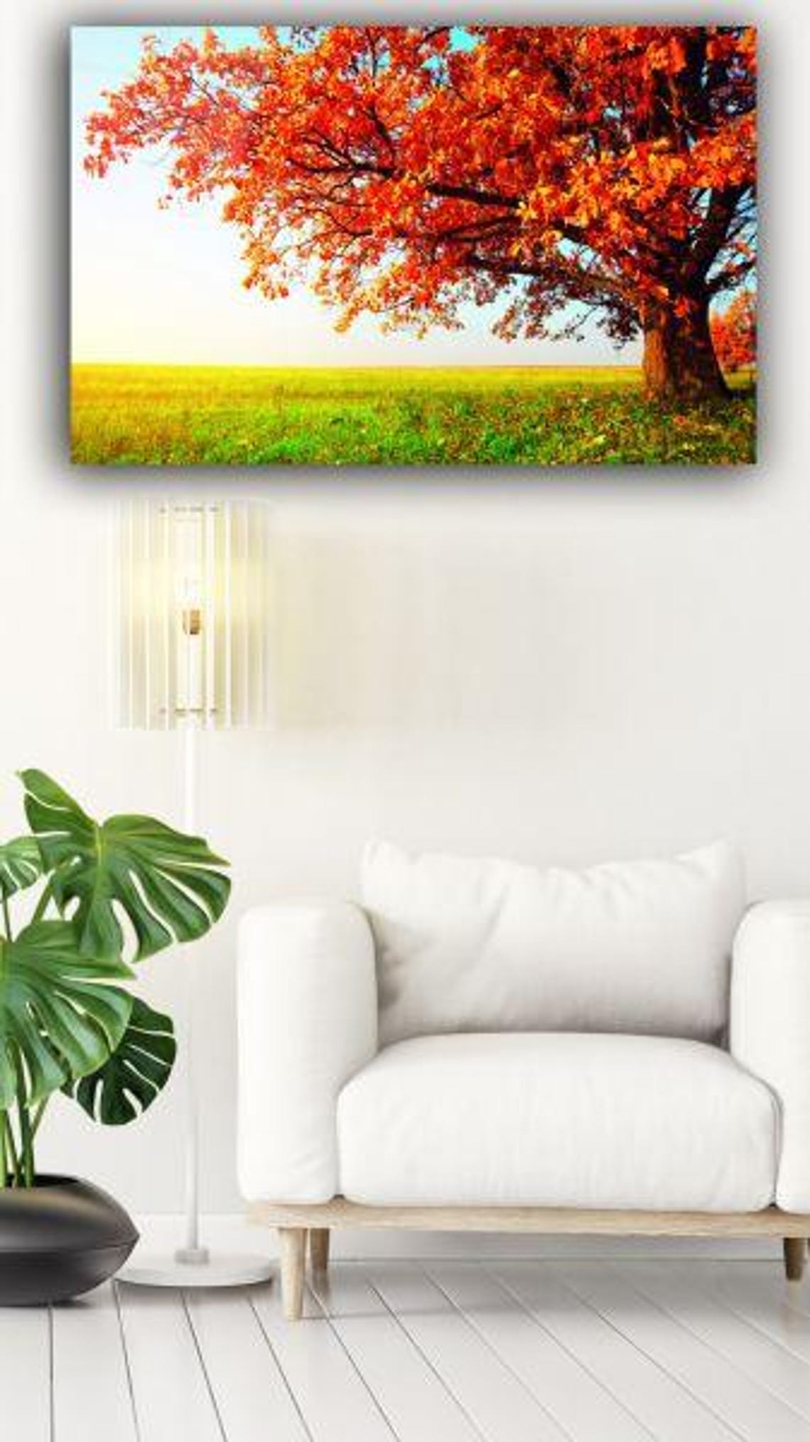 Lone Red Autumn Tree Standing In Green Meadow Fall Landscape Poster - Image 3