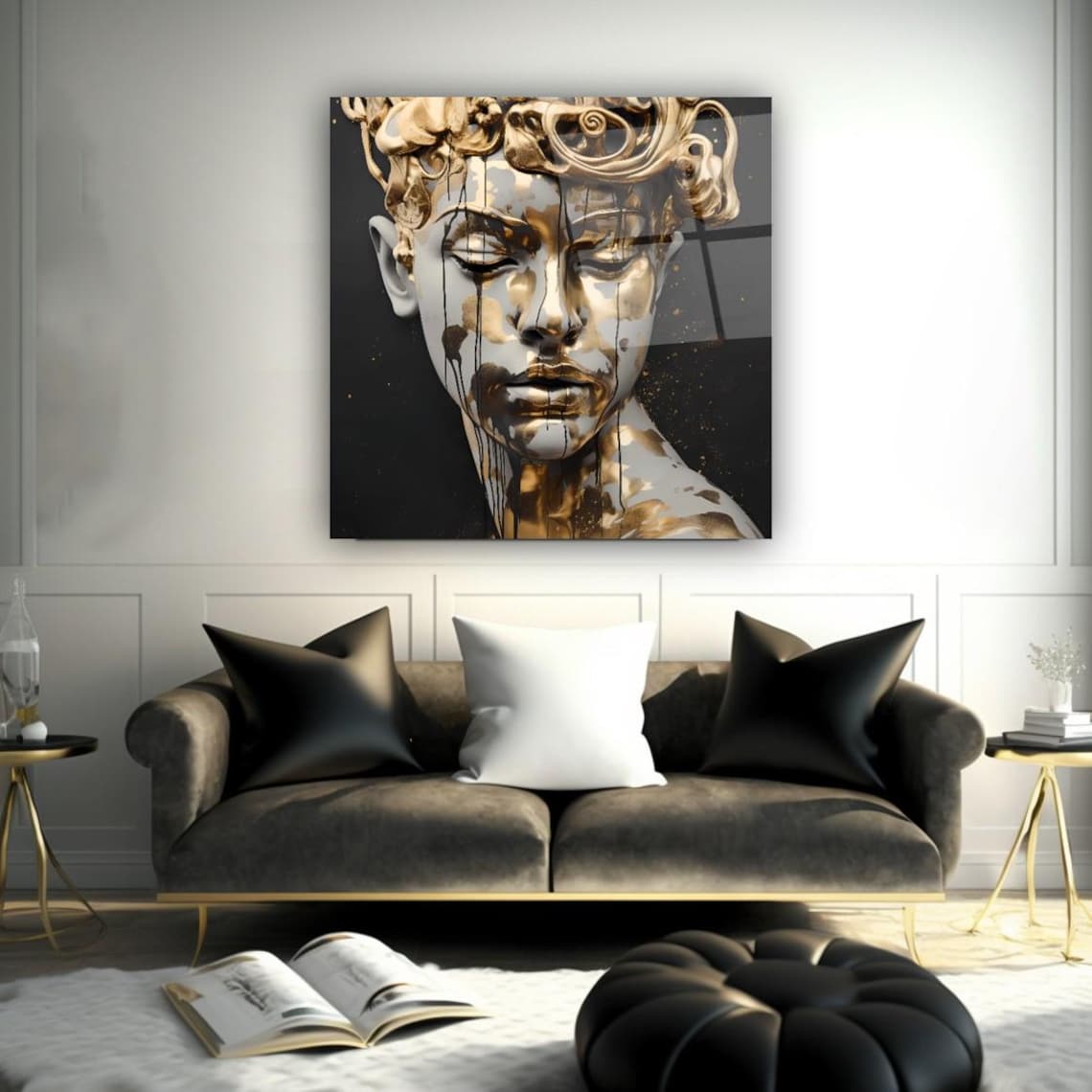 Golden Drip Woman Face Abstract Black Gold Modern Art Poster