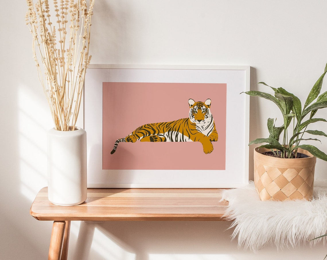 Abstract Pink Tiger Illustration Resting Big Cat Jungle Poster - Image 2
