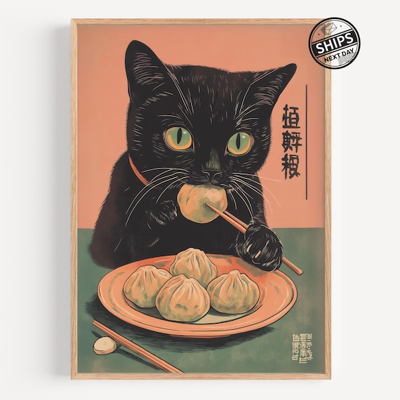 Retro Black Cat Eating Dumplings Vintage Japanese Food Poster