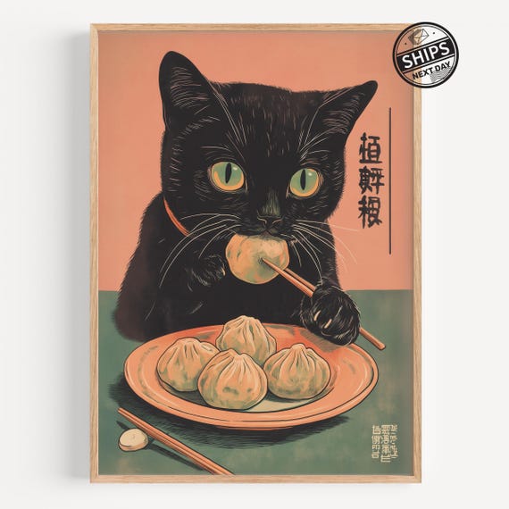 Vintage Cat Eating Dumplings Wall Art Retro Japanese Poster Print Unique Kitchen Decor Quirky Illustration Gift