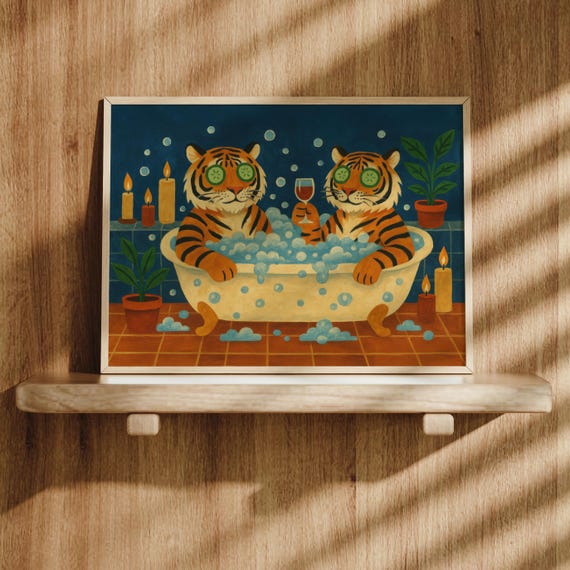 Funny Tiger Bathroom Wall Art With Real Oak Frame Gicle Animal Print In Natural Or Black For Spa Decor Cat Lover Gift F34