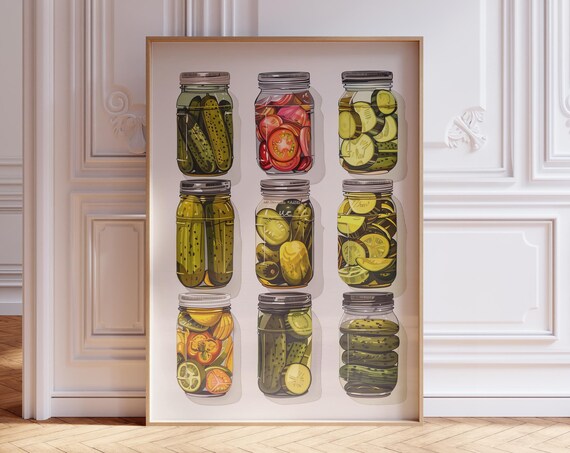 Vintage Pickle Jars Mason Jar Canning Illustration Kitchen Art Poster