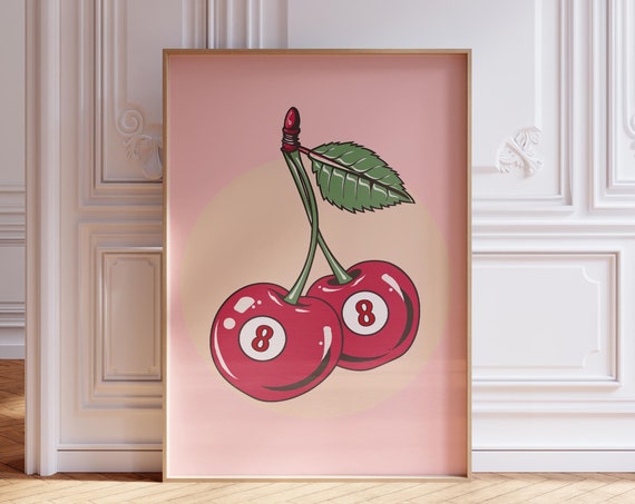 8 Ball Cherry Print Lucky Room Decor Pink Poster Art