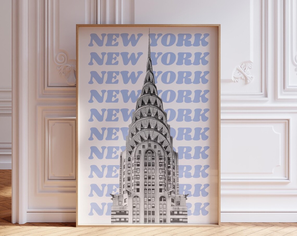 Chrysler Building New York Retro Blue Repeated Typography Wall Art