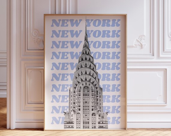 Chrysler Building New York Retro Blue Repeated Typography Wall Art